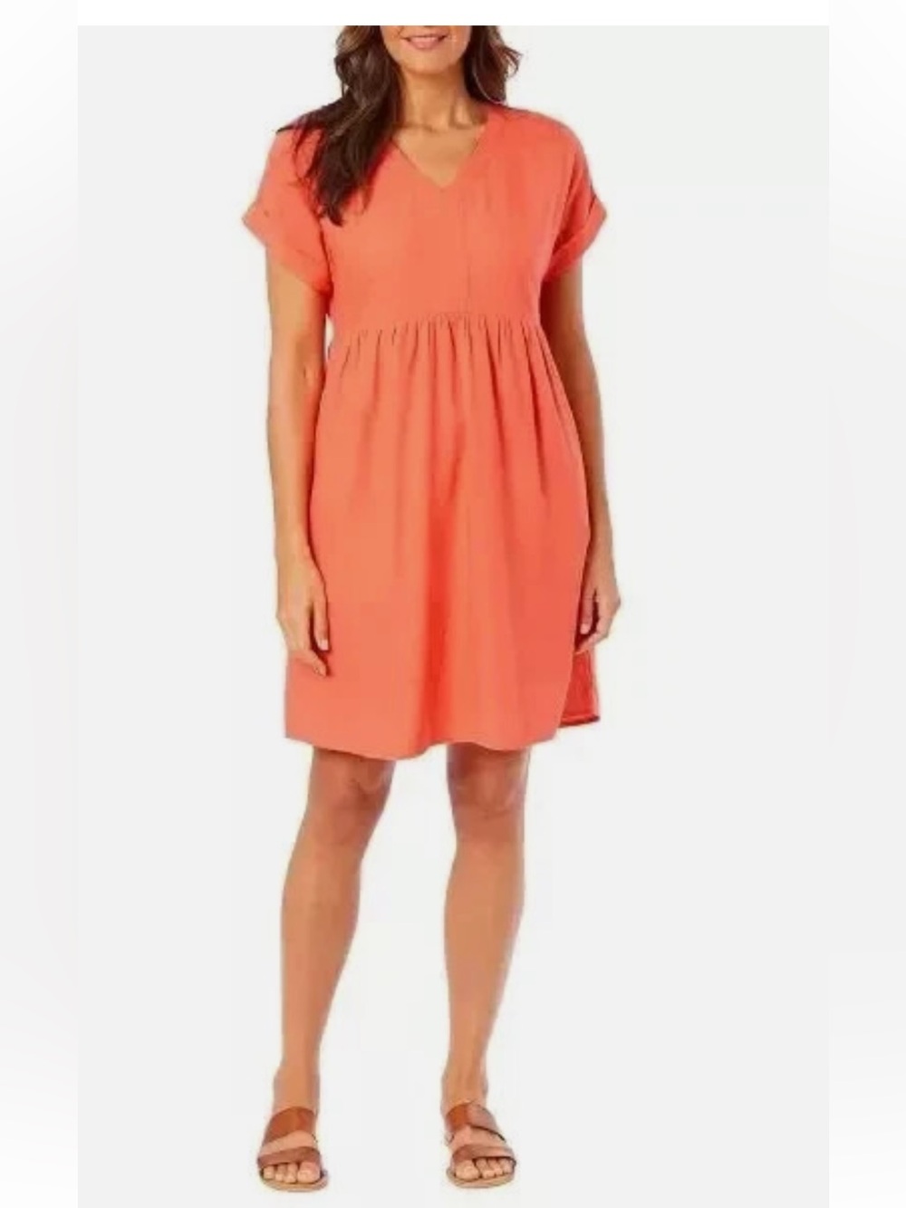 BRIGGS Coral Linen Blend V-Neck Short Sleeve Dress with Pockets Boho Size M NWT